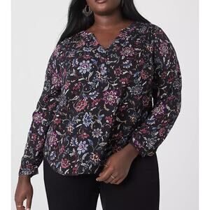 Lane Bryant Classic Long Sleeve Split Neck Yoke Popover Blouse Metallic Floral